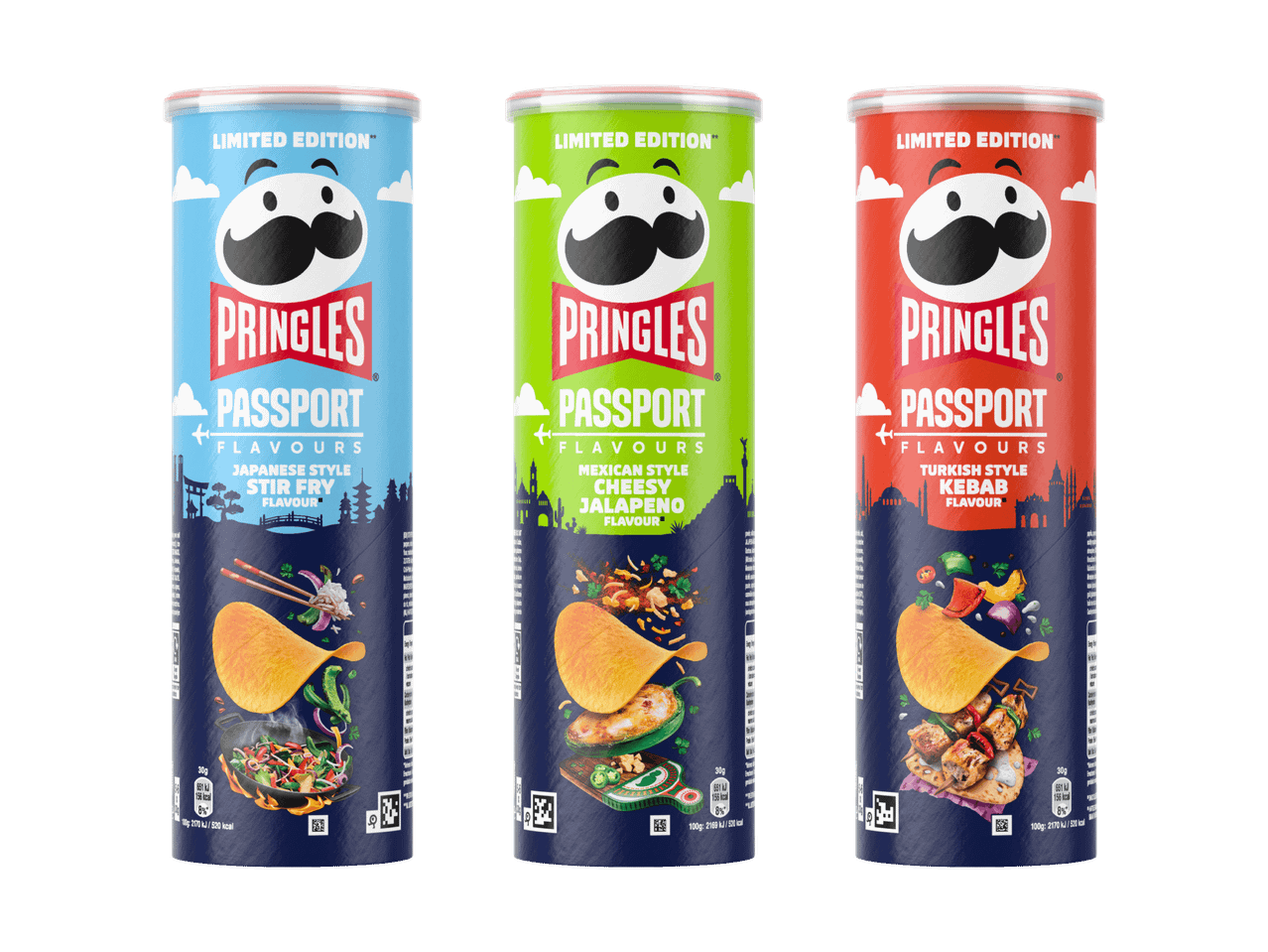 Drei Pringles Passport Limited Edition Dosen mit den Geschmacksrichtungen Japanischer Stir Fry, Mexikanischer Cheesy Jalapeno und Türkischer Kebab.