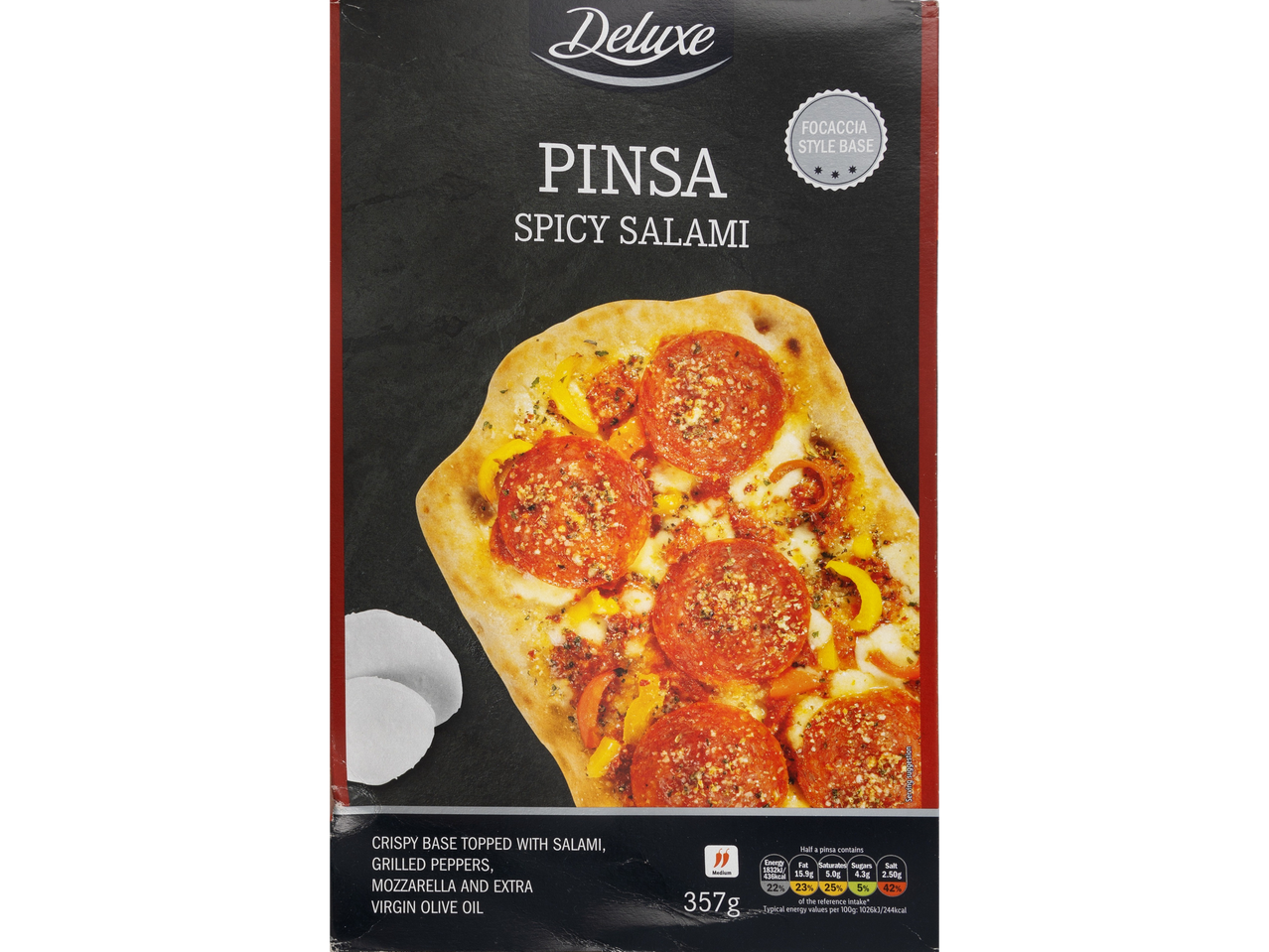 Deluxe Pinsa Spicy Salami with a focaccia-style base, grilled peppers, mozzarella, and olive oil.