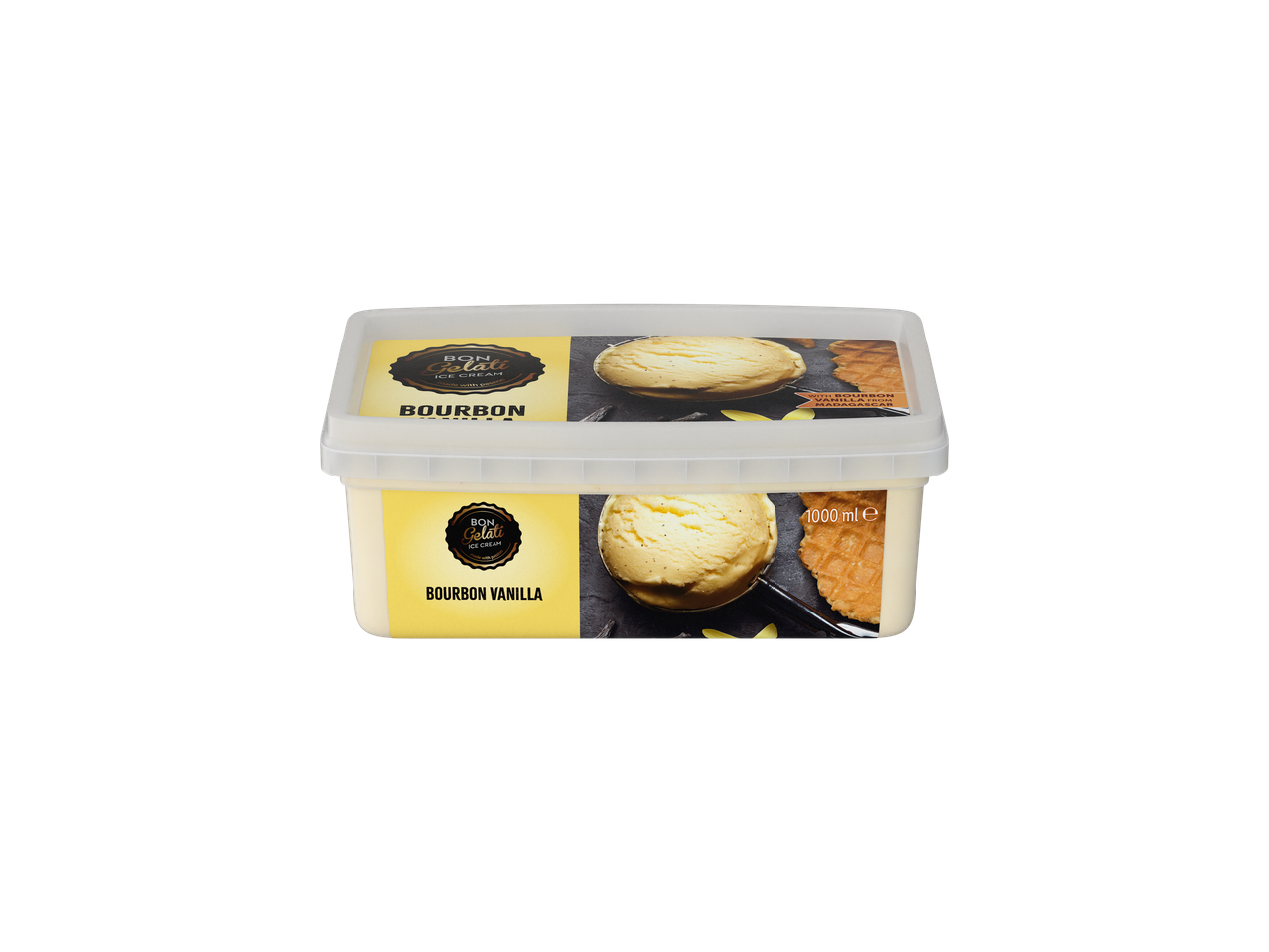 Bon Gelati Krem sladoled Bourbon Vanilla, o cutie de 1000 ml cu înghețată de vanilie.