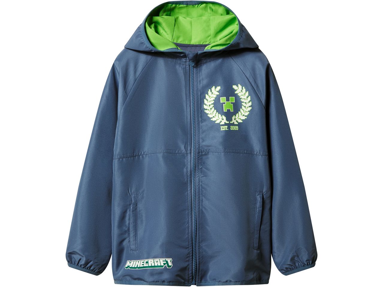 Blue Minecraft windbreaker with a green hood and a pixelated Creeper logo.