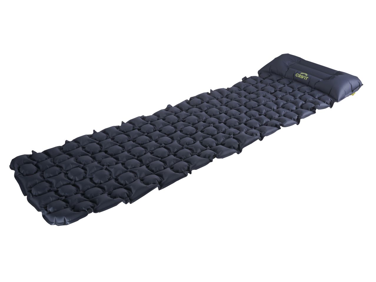 A black inflatable camping mattress with a built-in pillow.