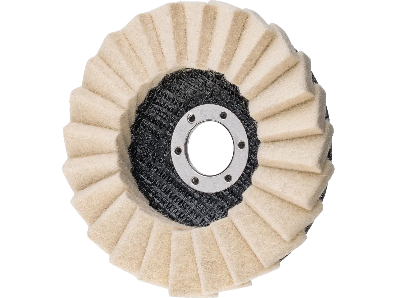A circular polishing wheel with cream-colored felt flaps and a metal center.