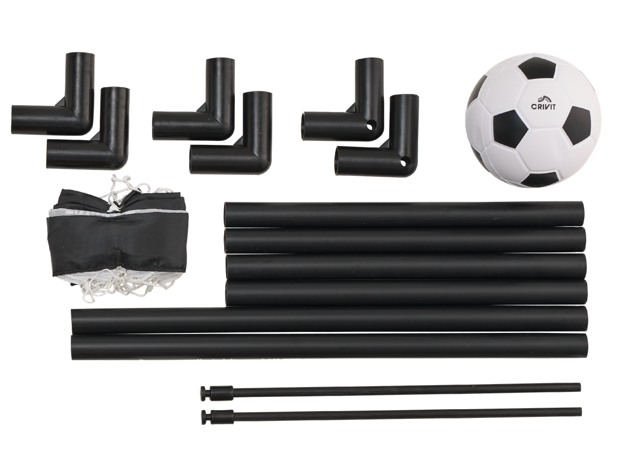 Комплект за футболна врата Crivit с топка, мрежа и черни PVC тръби и ъглови съединители.