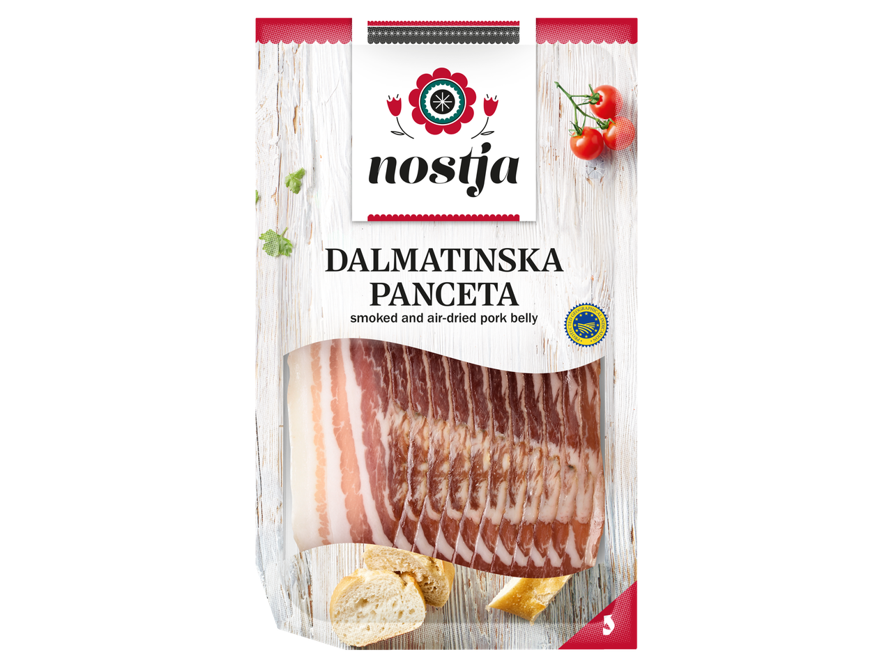 Nostja Dalmatinska Panceta pakuotė su rūkyta ir ore džiovinta kiaulienos šonine.