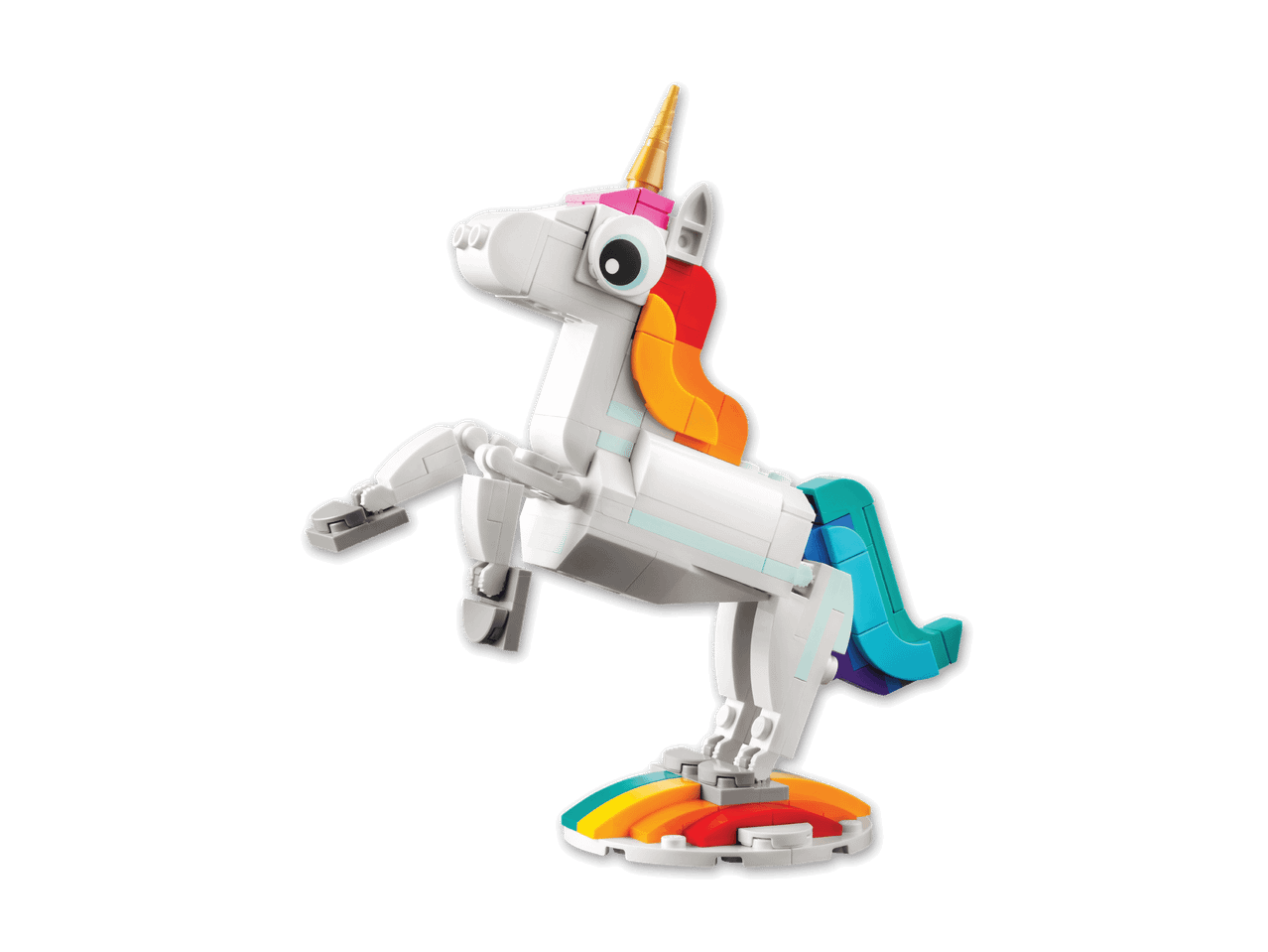 Lego-Einhorn mit Regenbogenmähne und -schwanz auf einem Regenbogenständer