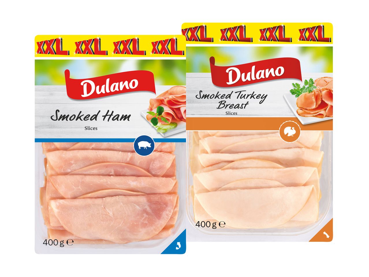 Dulamo XXL: dimljena šunka in dimljena purja prsa, v rezinih.