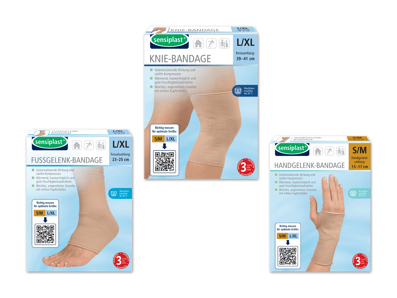 Drei Verpackungen für sensiplast Bandagen: Knie-, Fußgelenk- und Handgelenkbandage.