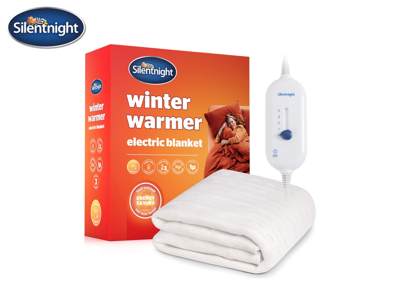 An electric blanket with its controller and packaging box.