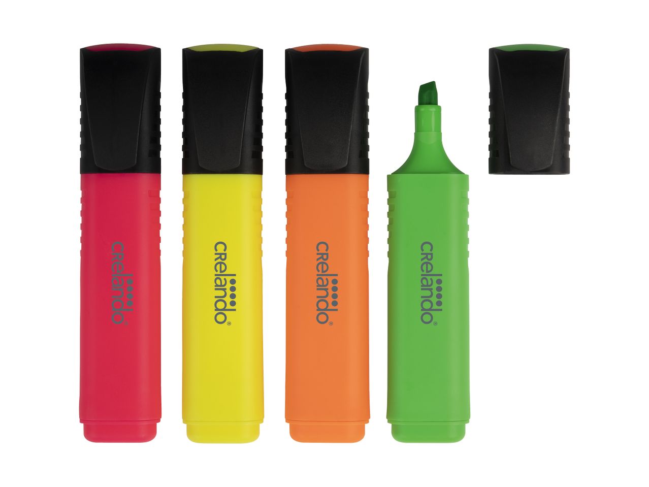 Four colorful highlighters in red, yellow, orange, and green, with one green cap removed.
