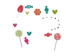 Glittery candies, lollipops, and hearts in various colors.