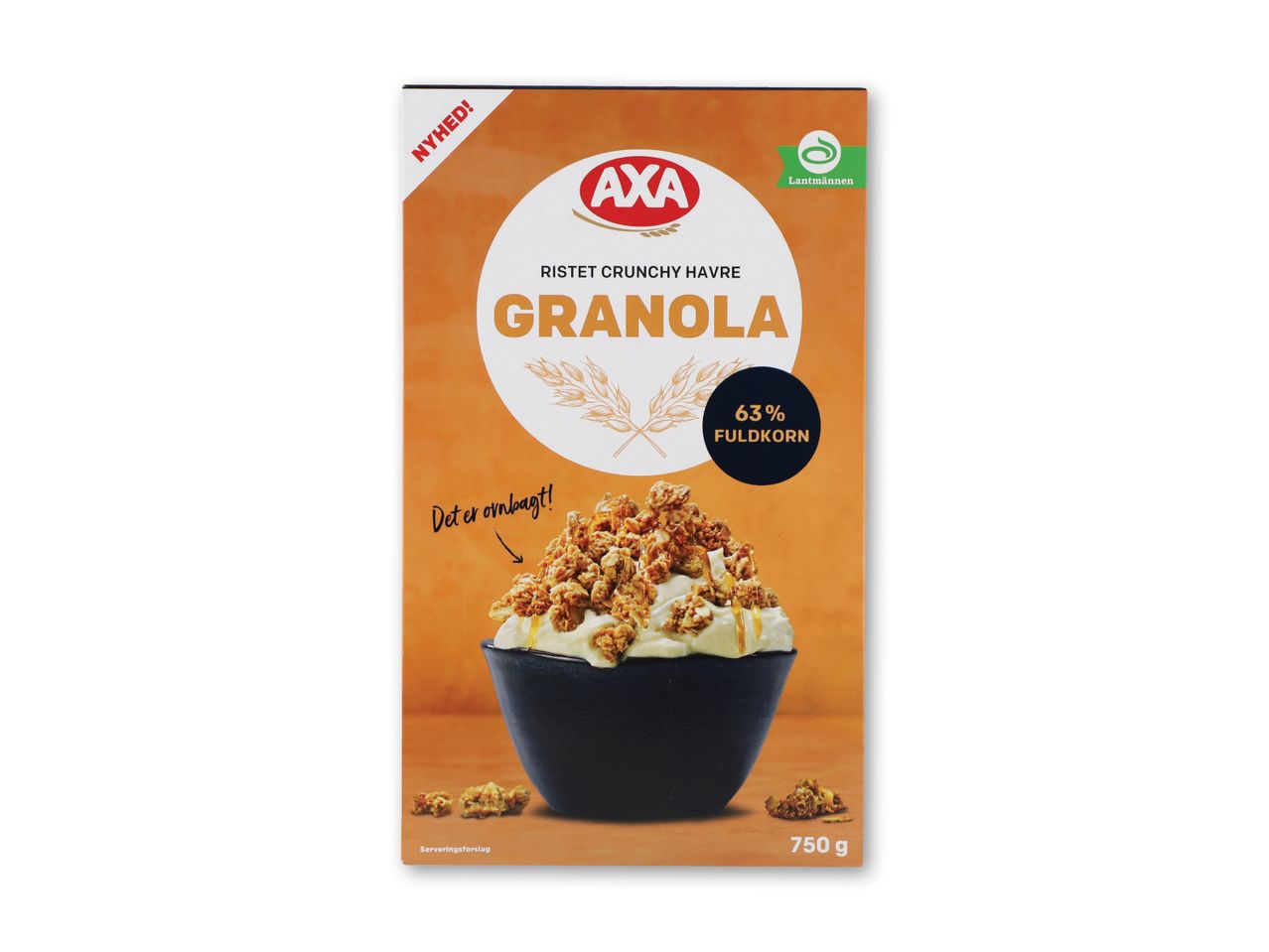 AXA Granola-pakke med billede af granola i en skål.