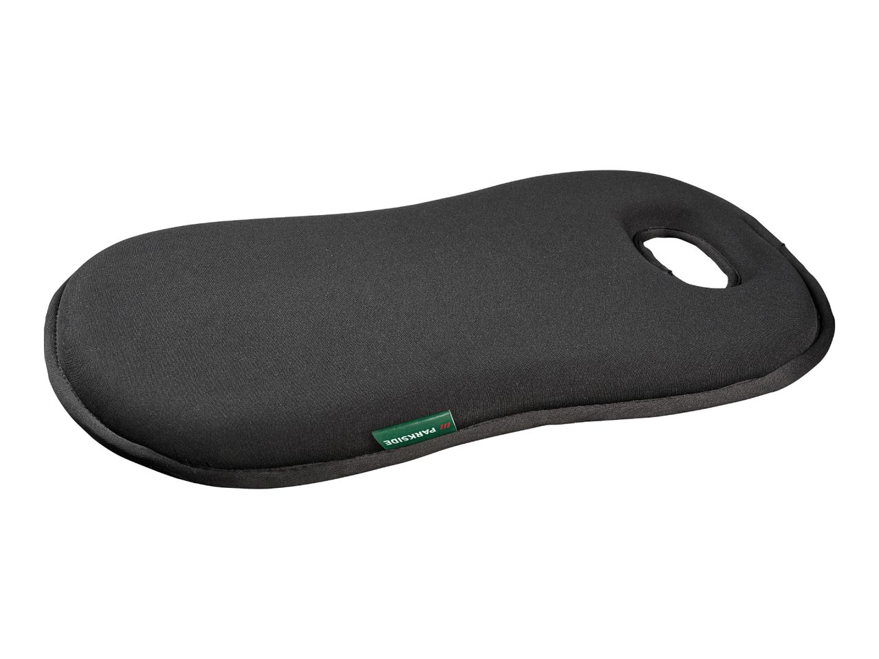 Black ergonomic garden kneeling pad with a handle and a small green label.