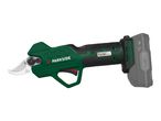 A green and black cordless electric pruning shear with a battery pack attached.