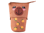 Estojo castanho com rosto de desenho animado e laranjas, ideal para canetas de gel.