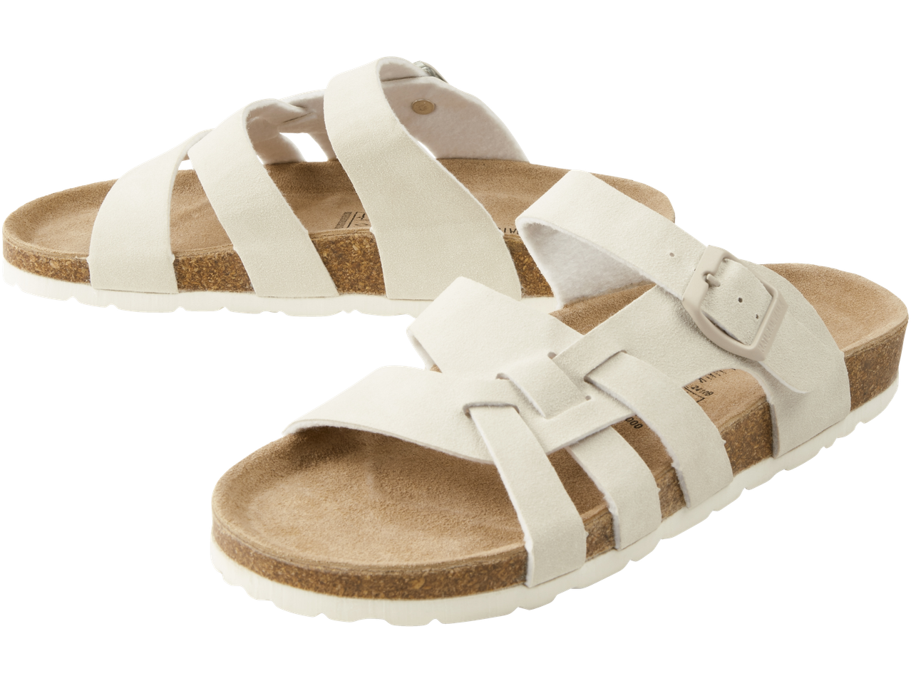 Par bijelih sandala u stilu Birkenstock.