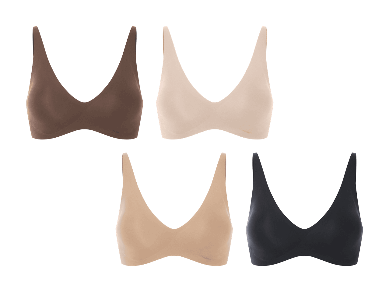 Fünf nahtlose BHs in neutralen Farbtönen: Braun, Hellbeige und Schwarz.