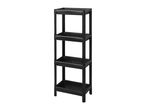 Black plastic four-tier storage shelf with perforated bottoms