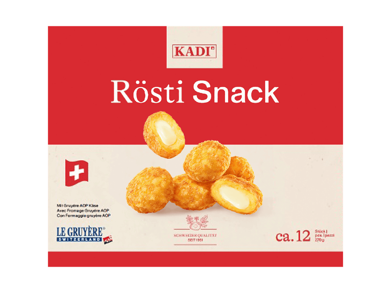 Confezione di KADI Rösti Snack con formaggio Gruyère DOP.