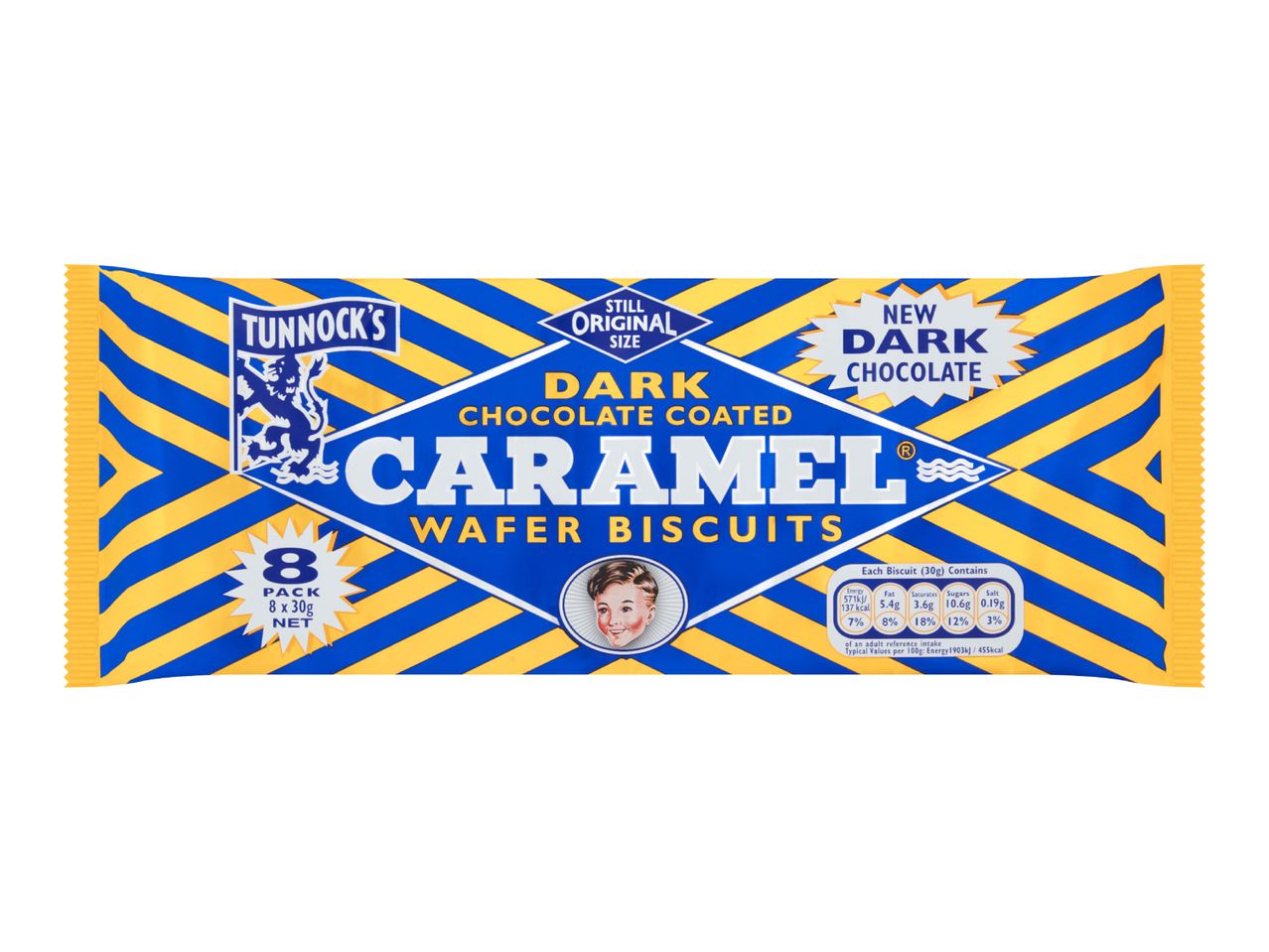 Dark chocolate coated caramel wafer biscuits in a blue and yellow striped package.