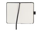 Open black notebook with blank pages, a black ribbon bookmark, and an elastic closure.