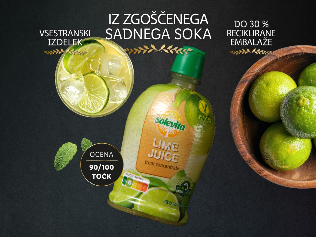Liker limoninega soka v steklenici, obdan z limetami in pijačo.