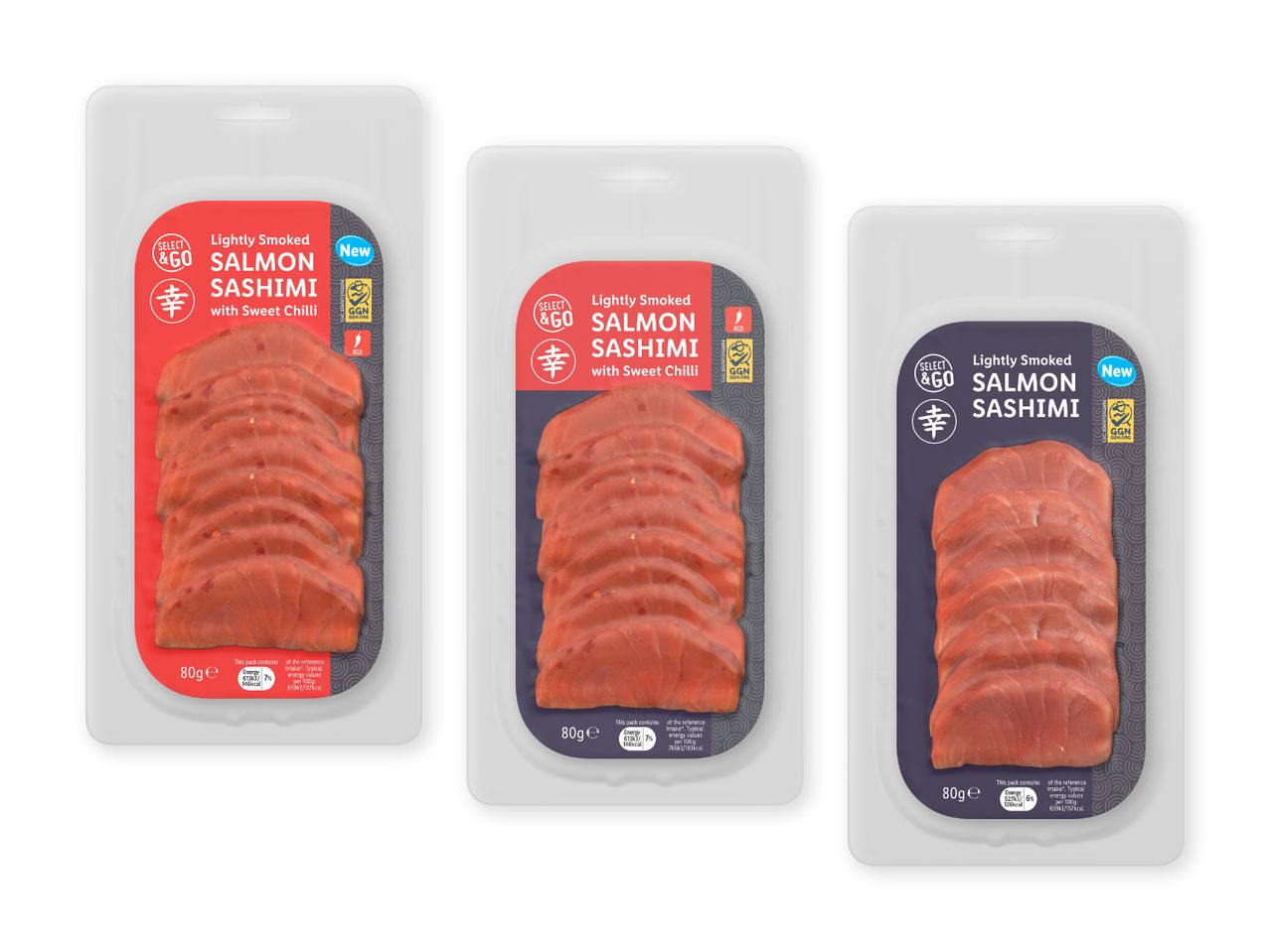 Tre pakker let røget laksesashimi, to med sød chili og en almindelig, med en 'Ny' etiket.