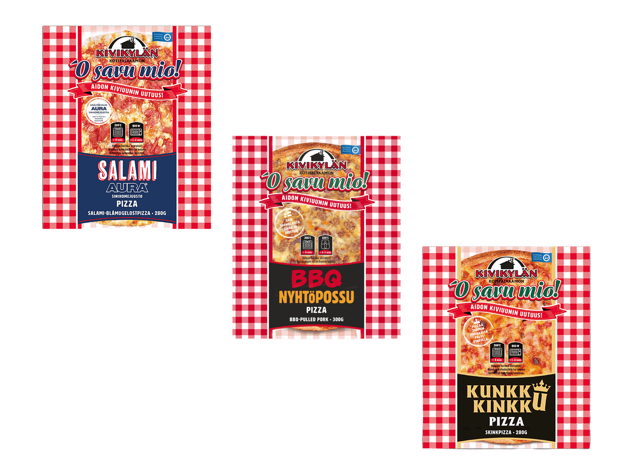 Kolme Kivikylän O savu mio! -pizzaa: Salami Aura, BBQ Nyhtöpossu ja Kunkku Kinkku.