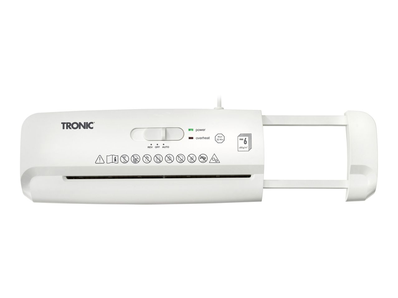 A white Rexel shredder with a pull-out tray.