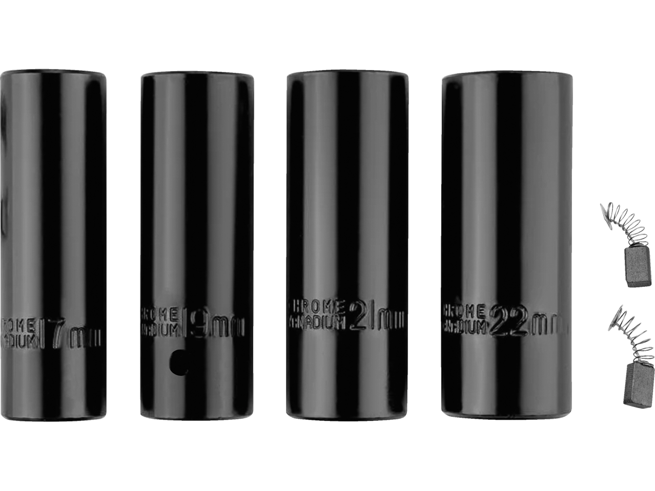 Neli musta padrunvõtit ja kaks süsinikharja elektrilise kruvikeeraja jaoks.