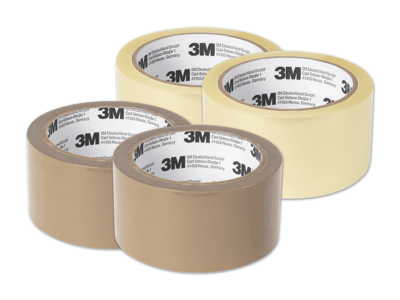 Vier Rollen 3M Klebeband, zwei hellbraun und zwei transparent, mit 3M Logo und deutscher Adresse.