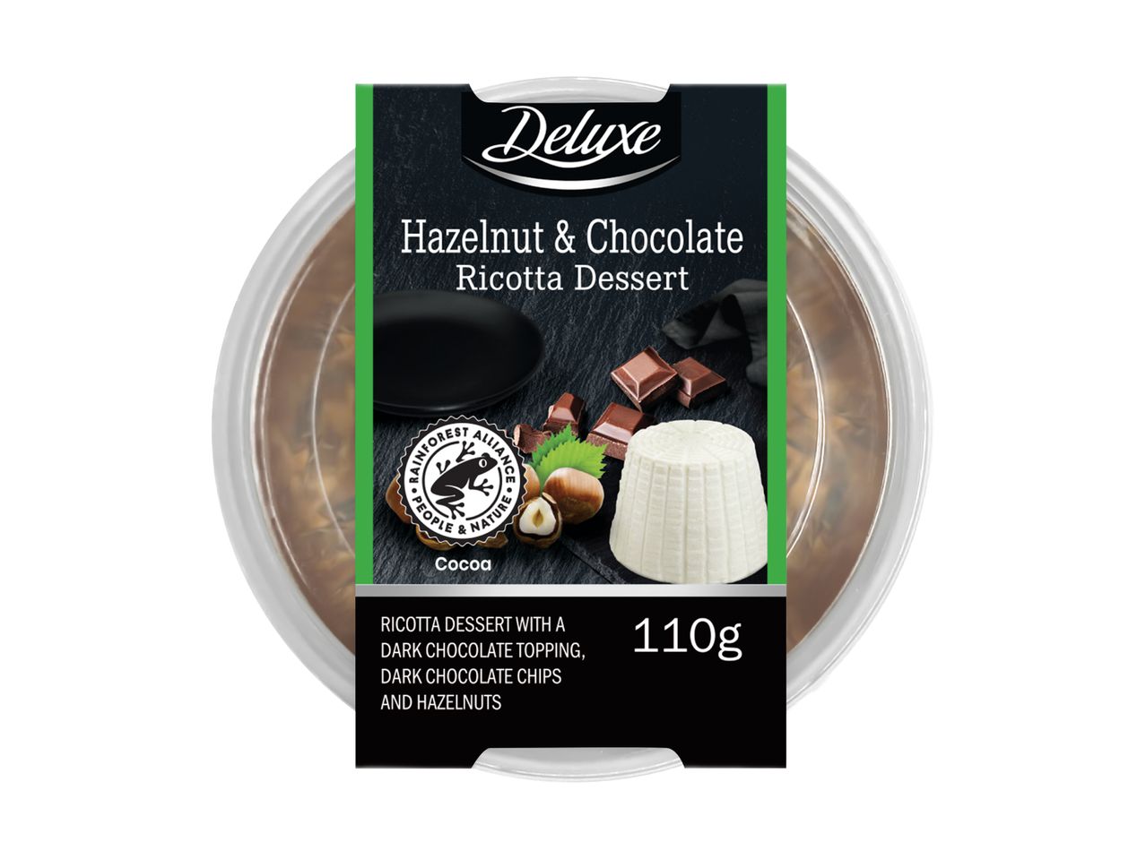 Hazelnut & Chocolate Ricotta Dessert with dark chocolate topping, chips, and hazelnuts, 110g.