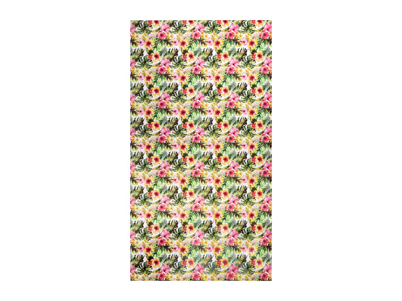 Tropical floral pattern with pink and yellow flowers and green leaves on a white background.