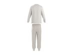 Light grey long-sleeved pajama top and polka dot pajama bottoms