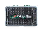 PARKSIDE Ratschenschraubendreher-Bit-Set: chave de fendas e pontas variadas numa caixa transparente.