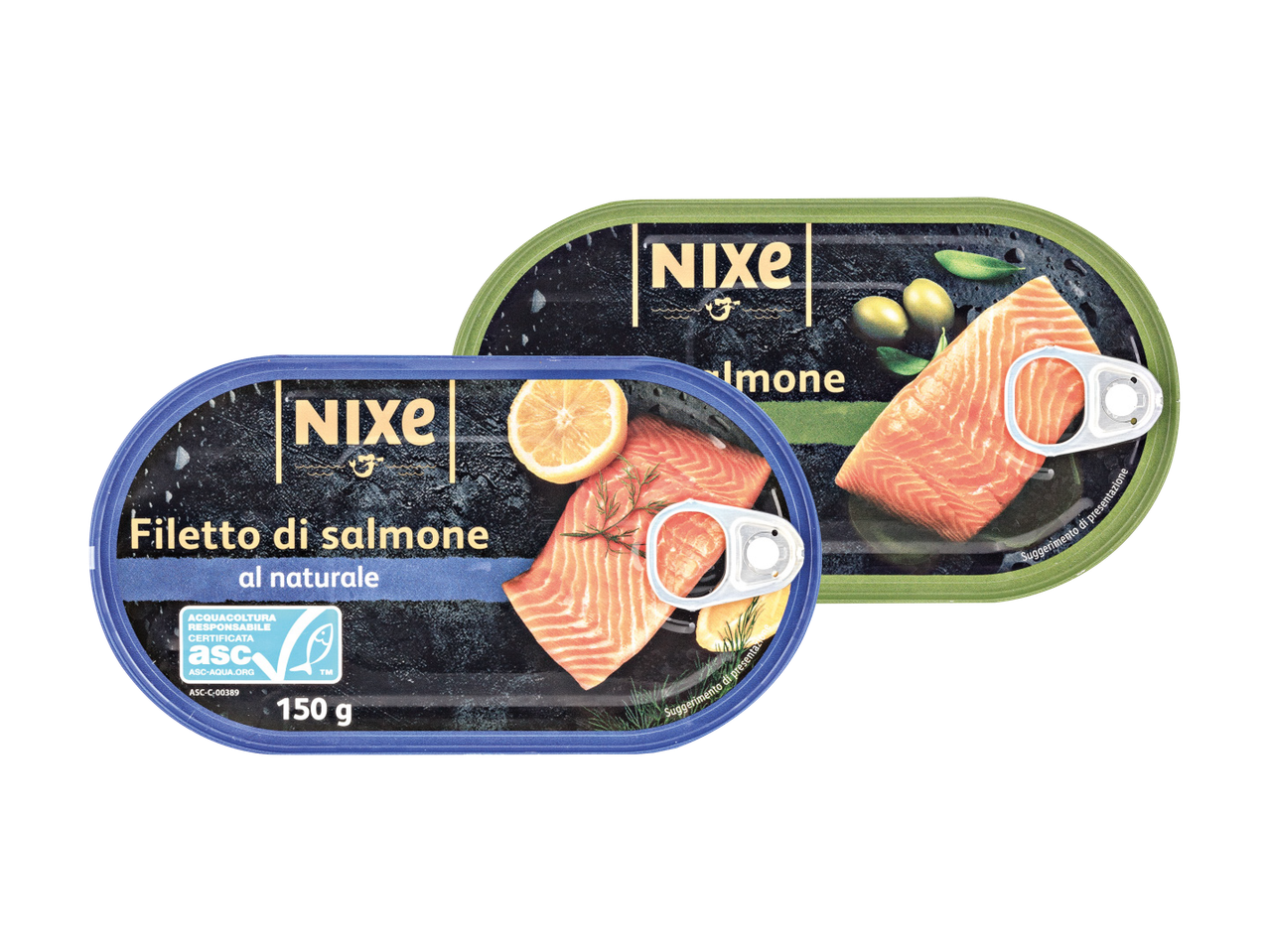 Due scatolette di salmone Nixe: naturale e con olive.