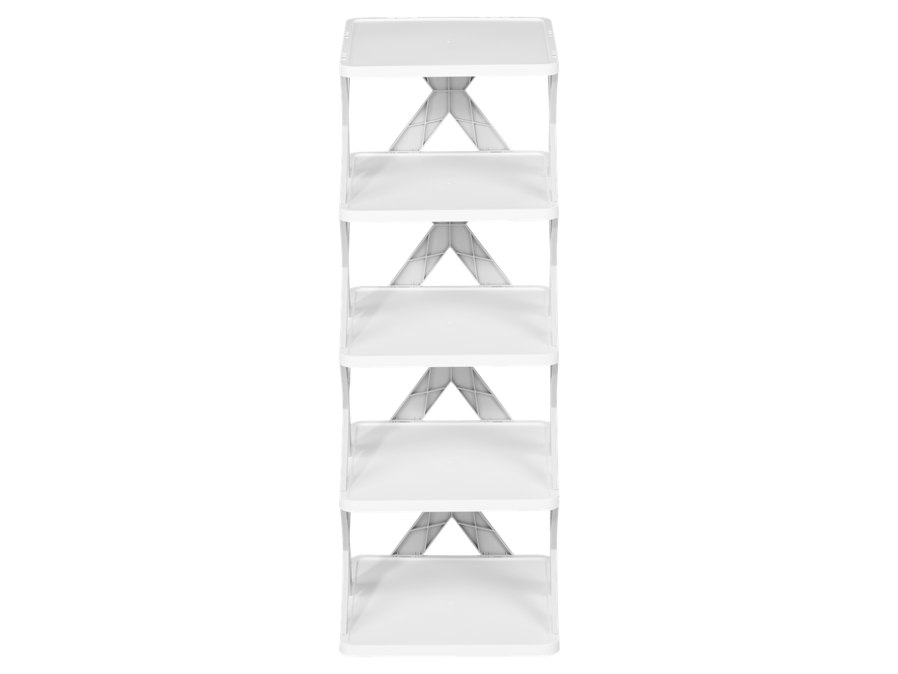 A white, five-tier plastic shelf unit stands against a black background.