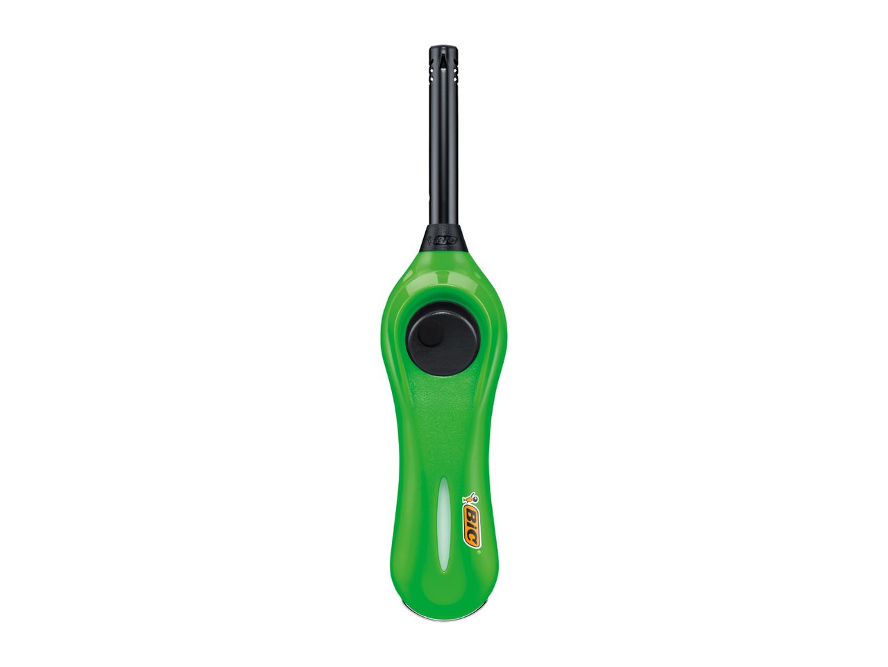 Green utility lighter with a black igniter button and a long black nozzle.