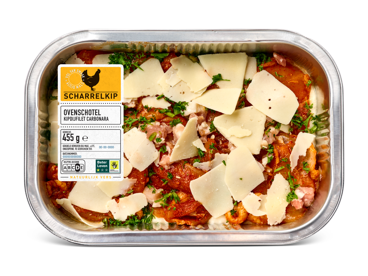 Ovenschotel met scharrelkipdijfilet carbonara, 455g, Nutri-Score A, Beter Leven 2 sterren.