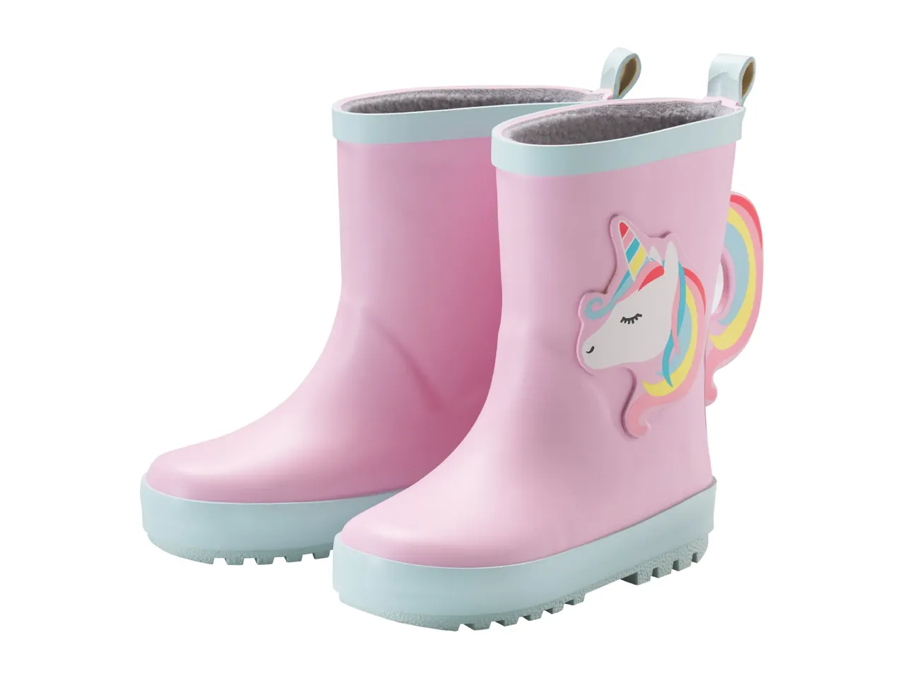 Pink children's rain boots with a unicorn and rainbow design, light blue soles and trim.