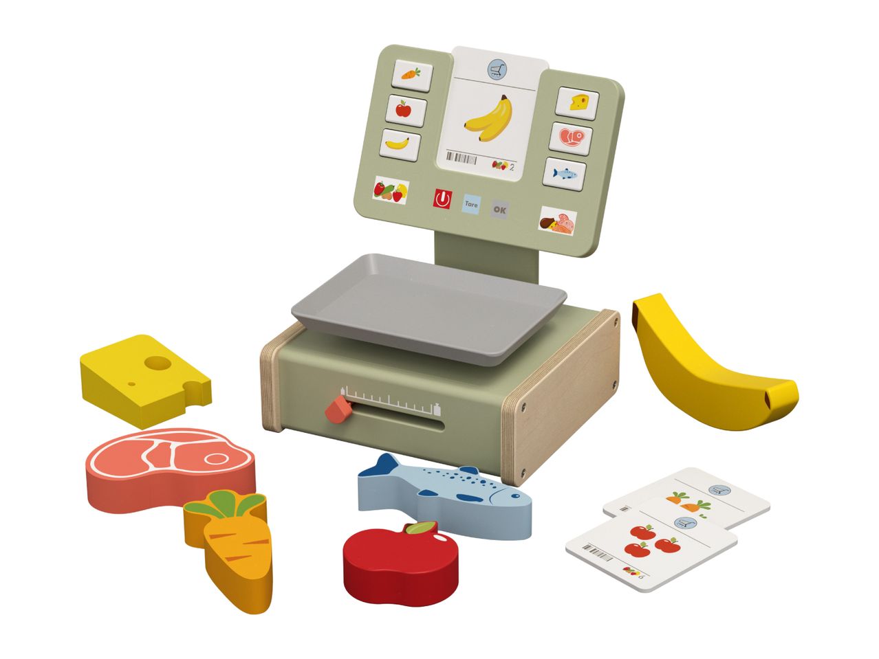 Wooden toy grocery scale with play food items like banana, cheese, meat, carrot, apple, and fish.