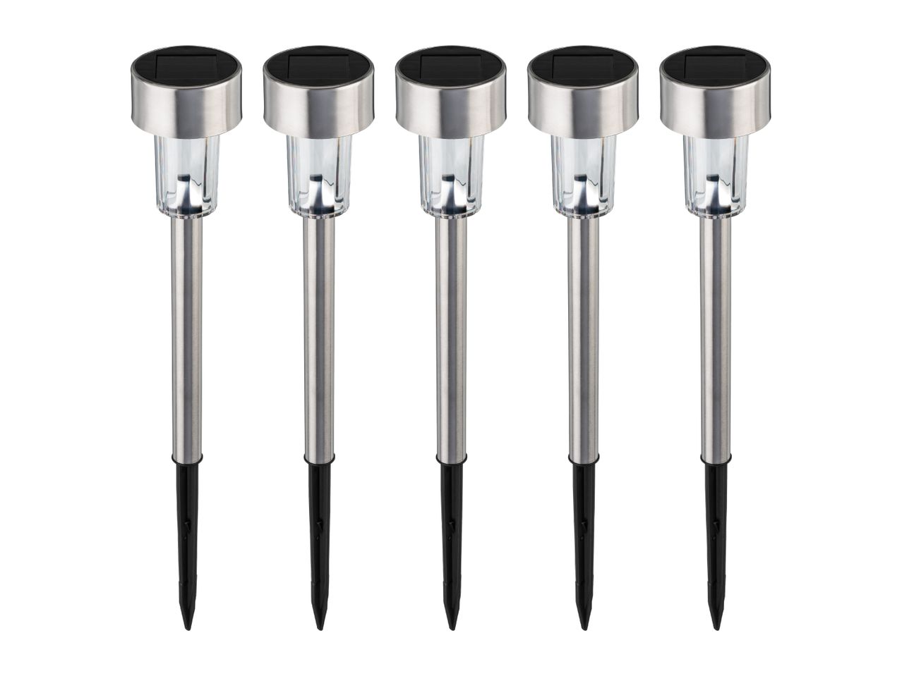 Five stainless steel solar garden lights with clear plastic tops and black ground stakes.