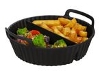 Black silicone air fryer basket with fries and roasted vegetables.