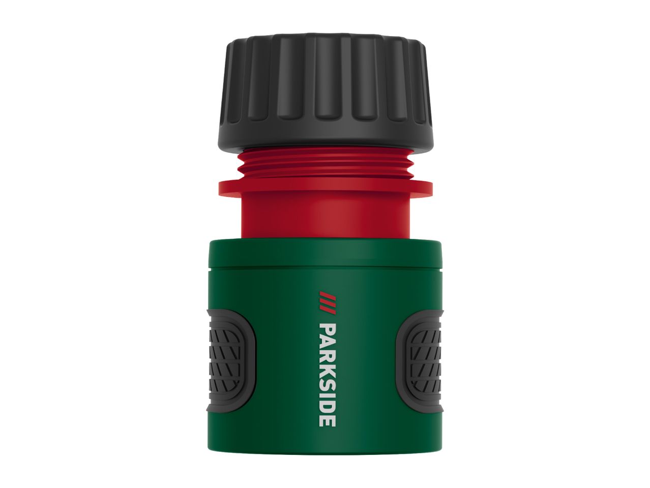 Green and red garden hose connector with black grip