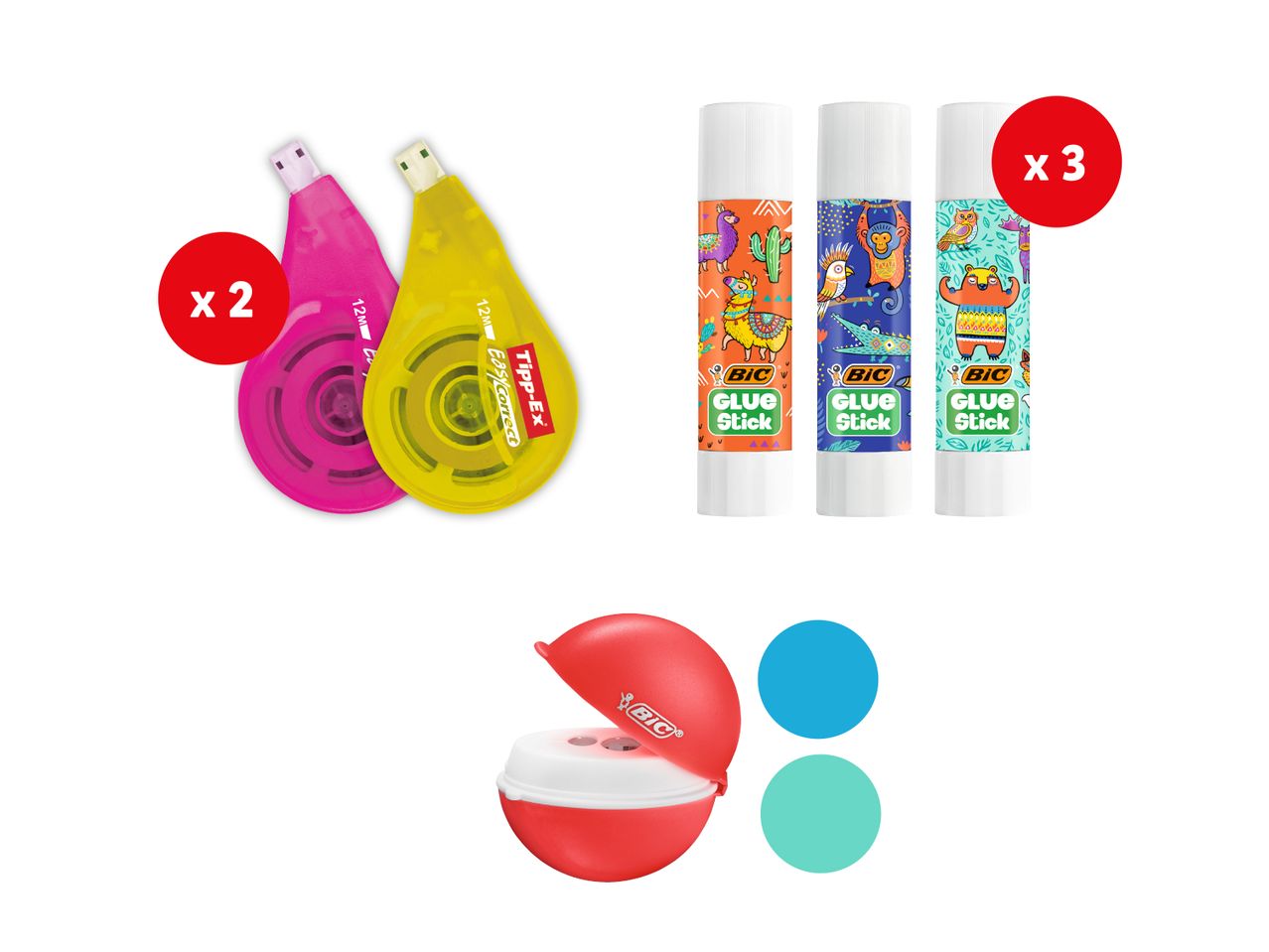 Dvi Tipp-Ex EasyCorrect juostelės, trys BIC Glue Stick klijų lazdelės ir BIC pieštuko drožtuvas.