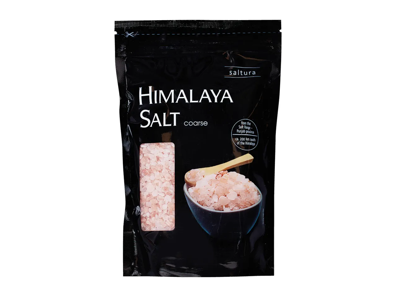 Black bag of coarse Himalayan salt with a bowl and spoon of salt, indicating origin.