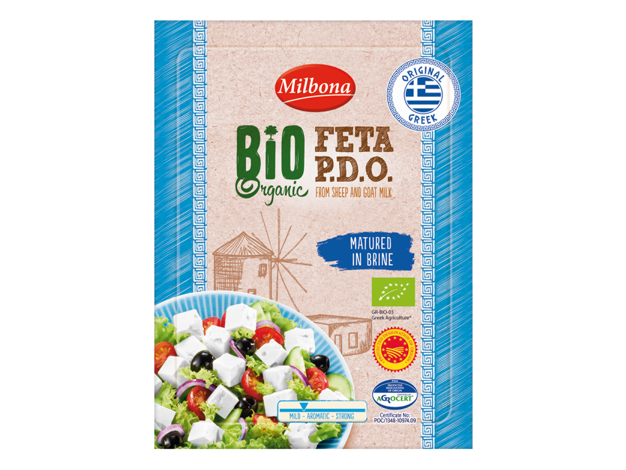 Milbona Bio Feta B.O.B., schapen- en geitenkaas, gerijpt in pekel, met Griekse salade.