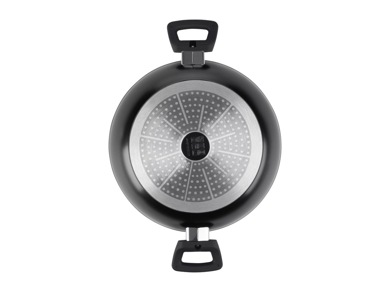 Black cooking pot with two handles, bottom view