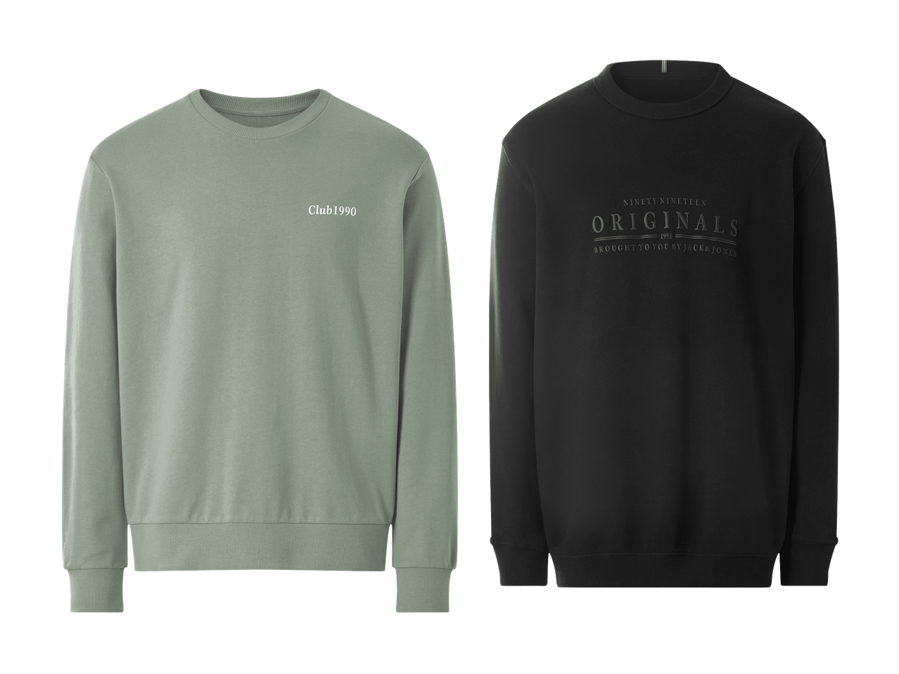 Deux sweat-shirts à col rond, un vert sauge avec l'inscription « Club1990 » et un noir avec l'inscription « Originals ».