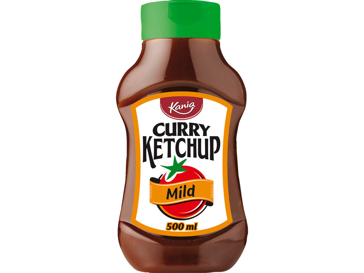 Kania Ketchup Curry Doux, bouteille de 500 ml avec un bouchon vert et une illustration de tomate.