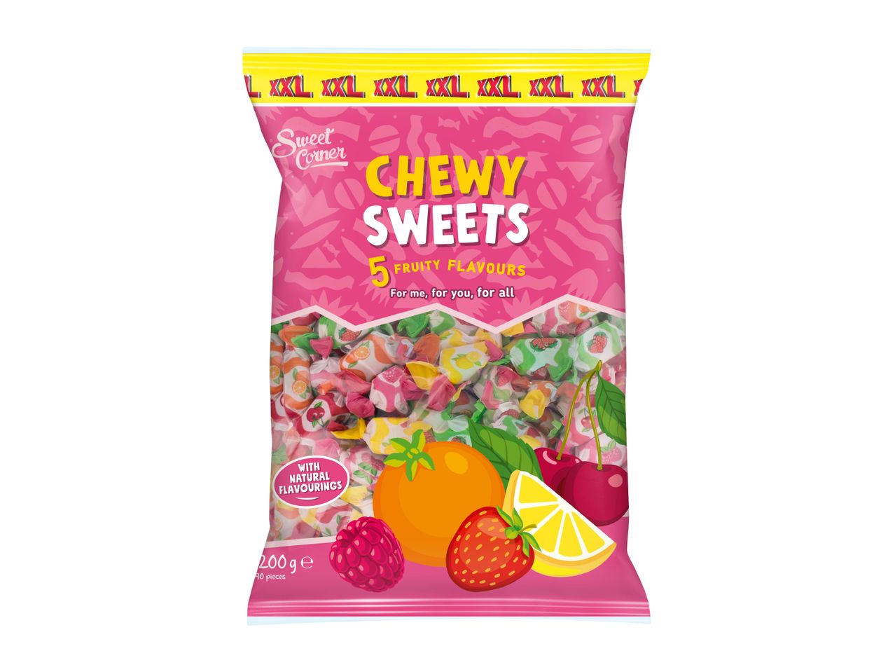 Pink bag of chewy sweets with 5 fruity flavors, natural flavorings, 200g.